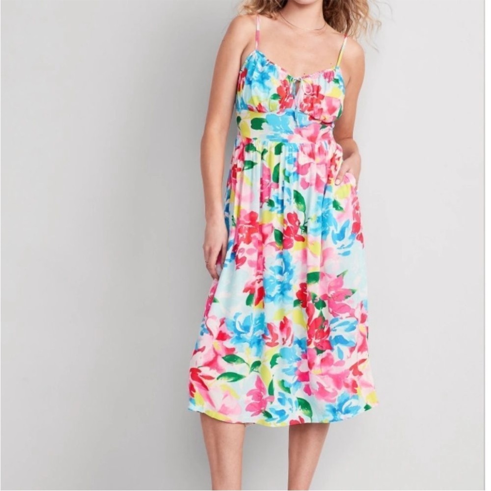 Old navy fit flare bodice watercolor floral midi dress XL petite smocked